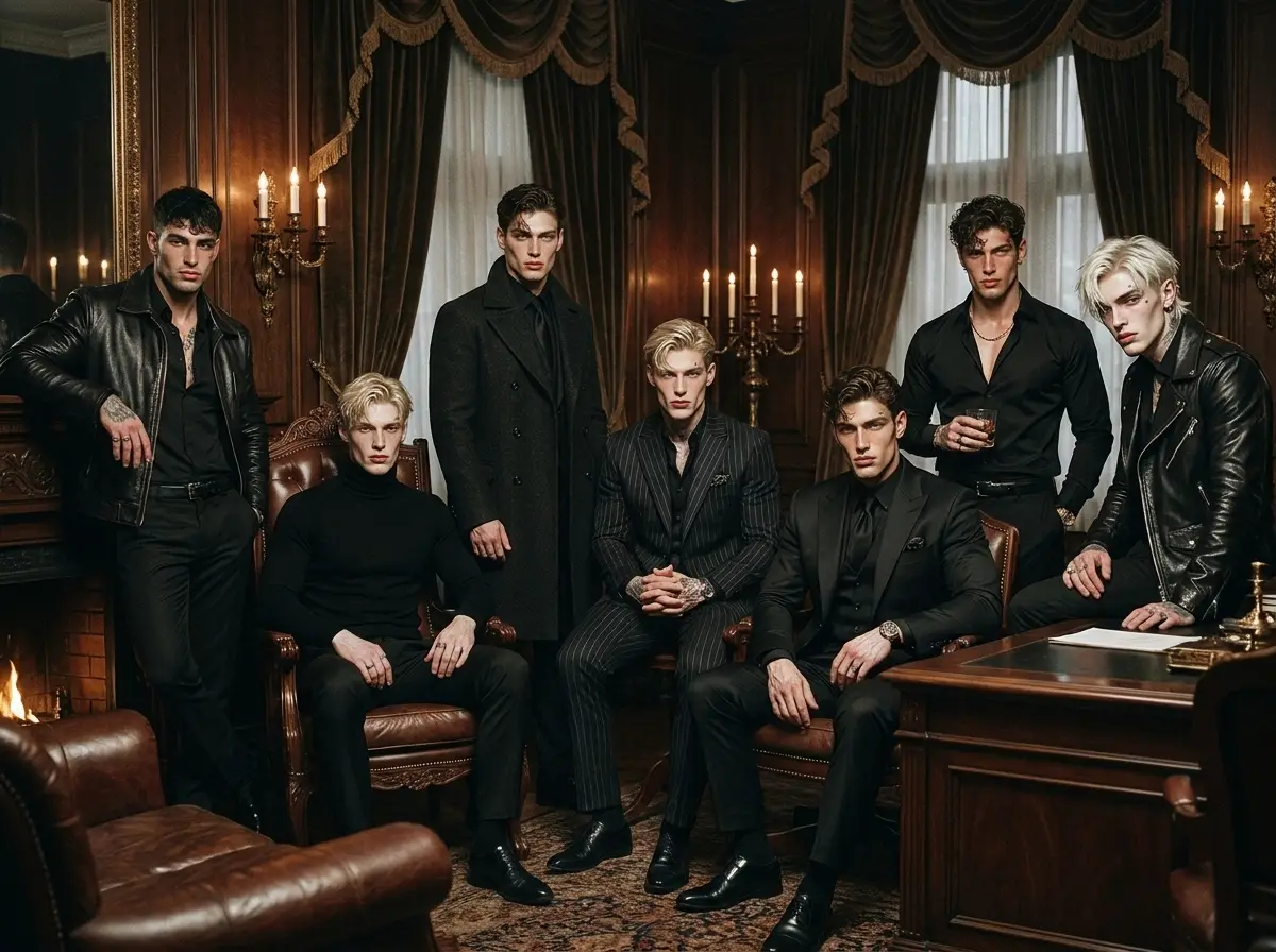 The seven founders of VORON gathered in a dim, wood-panelled study lit by candles